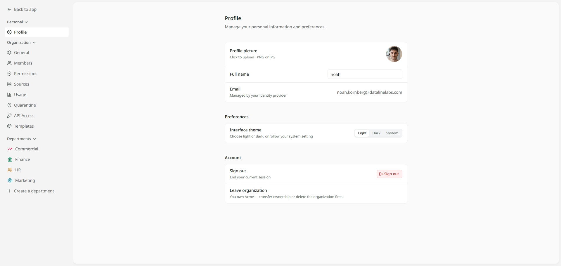 The Profile page in Settings: the heading Profile with the line Manage your personal information and preferences; a group with Profile picture, Full name and Email; a Preferences group with Interface theme and its Light, Dark and System choices; and an Account group with Sign out and Leave organization.