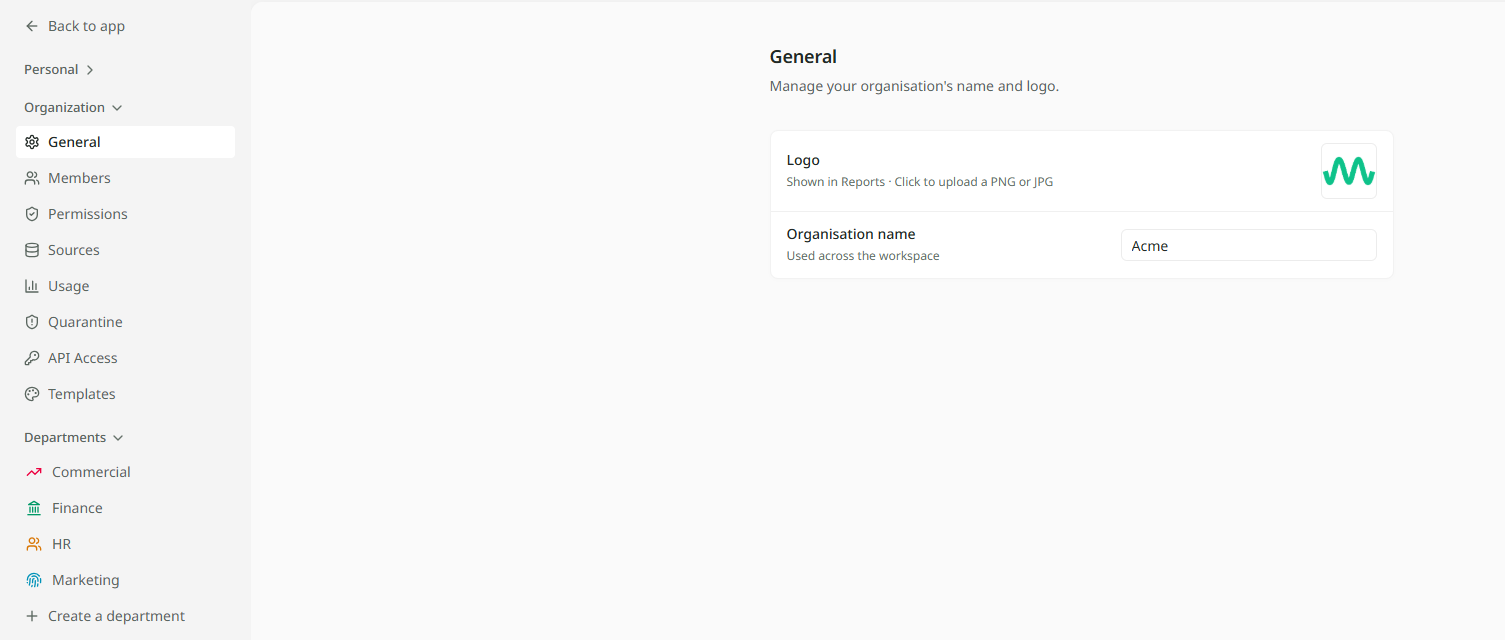 The settings area with its sidebar on the left: Back to app at the top, then a Personal group with Profile, an Organization group with General, Members, Permissions, Sources, Usage, Quarantine, API Access and Templates, and a Departments group listing Finance, Sales and Marketing with Create a department beneath. The General page is open on the right.
