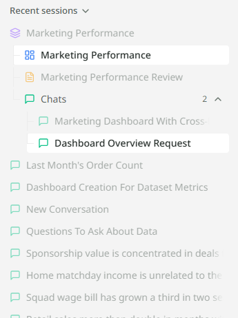 The sidebar's Recent sessions list, each session with its dashboard and report beneath it.