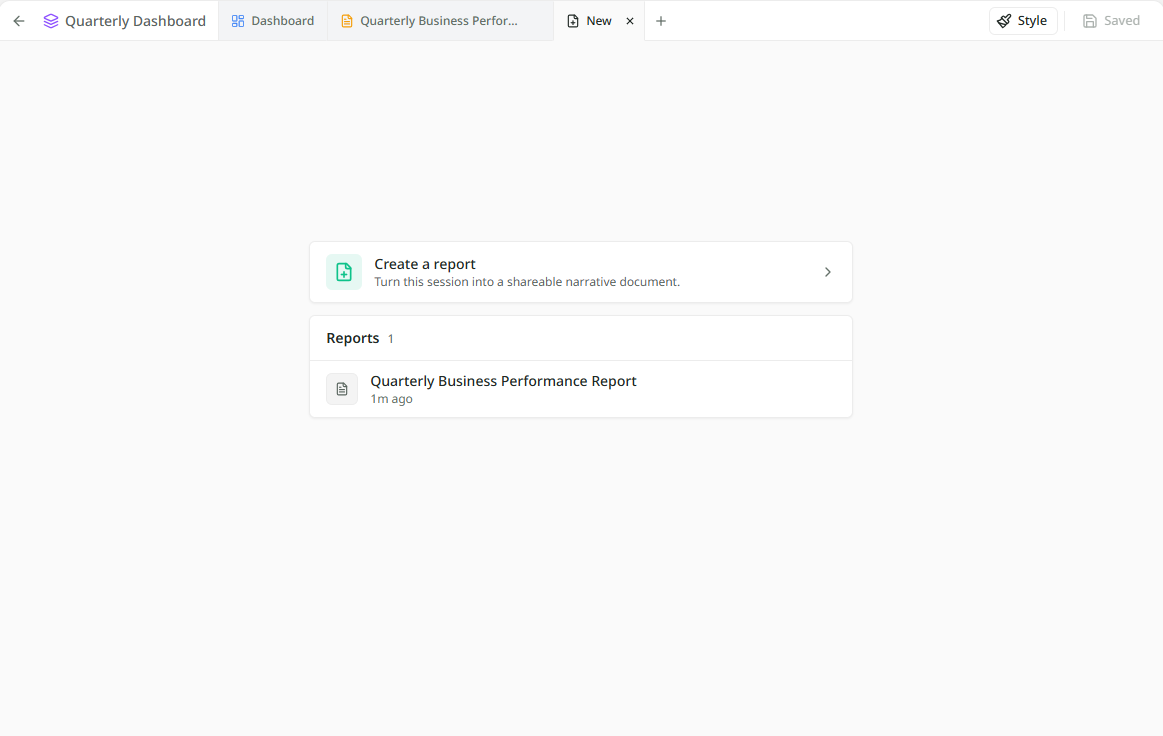 A session with two tabs across the top, Dashboard and a report called Q3 Wholesale Review. The report's cover page fills the canvas and the chat sits on the right.