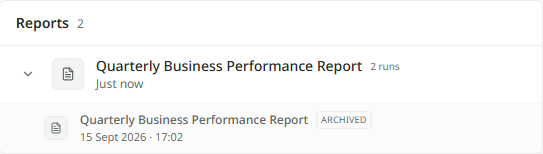 The Reports list in the plus tab with one group expanded: the newest version on the face row with a count of versions, and two dated earlier versions beneath it marked Archived.